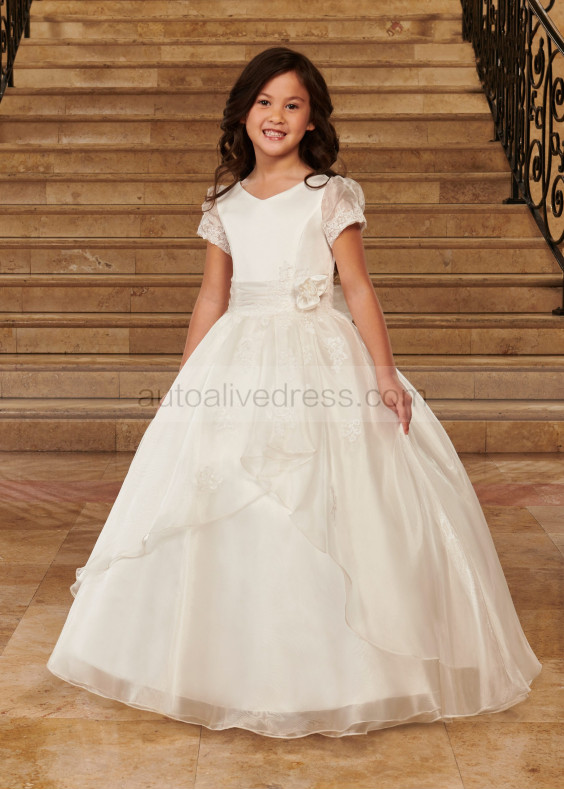 Short Sleeves Ivory Lace Organza Long Flower Girl Dress